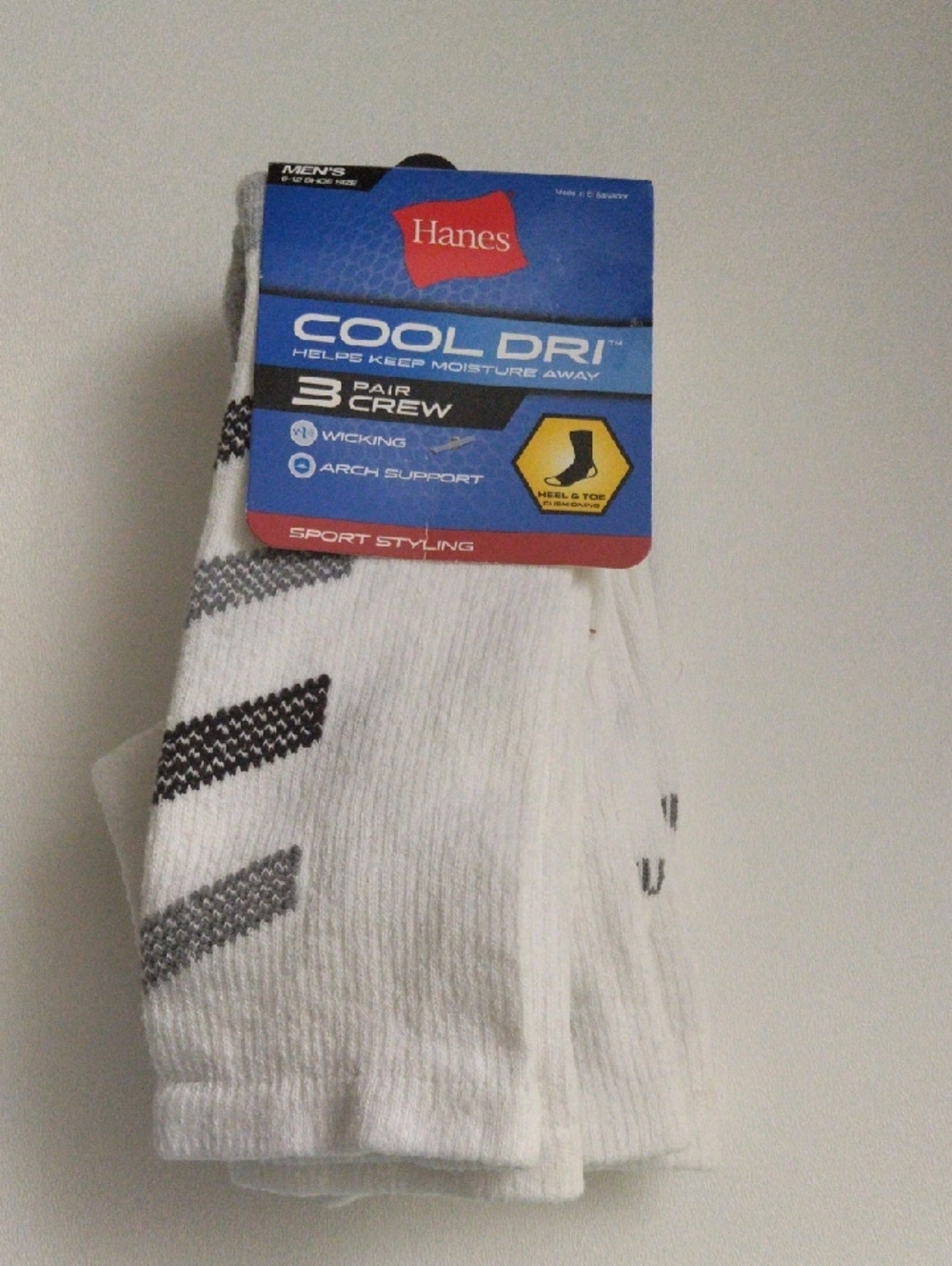 Hanes Cool Dri Men's White Crew Socks with Black & Gray Accents 3 Pair New 6-12